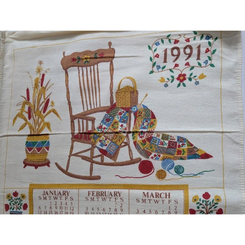 Vintage 1997 Calendar Tea Towel Rocking Chair Quilt Folk Art Cottagecore Decor